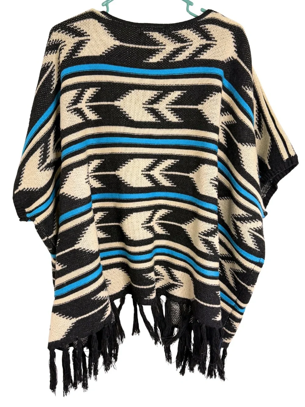 Rock & Roll Cowgirl Open Front Fringe Poncho - Black, Cream & Blue Size Medium